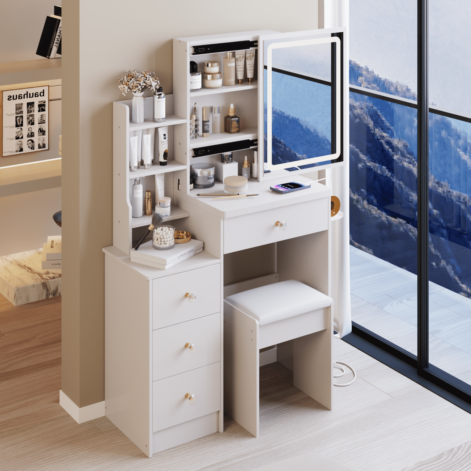 Space-Saving 29.2" Vanity Table with 2 AC+2 USB Ports, Triple Color LED Mirror, and Cushioned Stool – Ideal for Small Spaces & Morning Routines, White