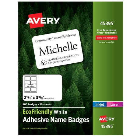 UPC: 0072782453954 | Avery EcoFriendly Printable Name Tags  2-1/3  x 3-3/8  Rectangle Labels  White  400 Removable Name Badges (45395)