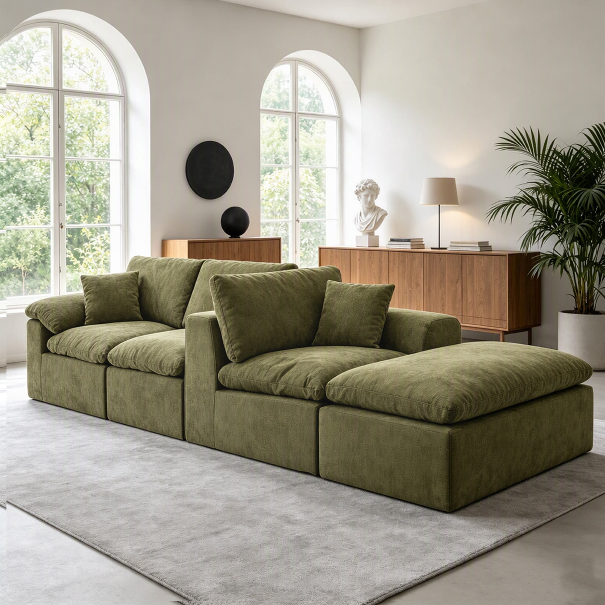 HOQBN Modular Sectional Sofa, L Shape Cloud Couch with 2 Movable Ottoman, Comfy Chenille Deep Seat Sofa with Soft Pillows for Living Room Apartment (Green)