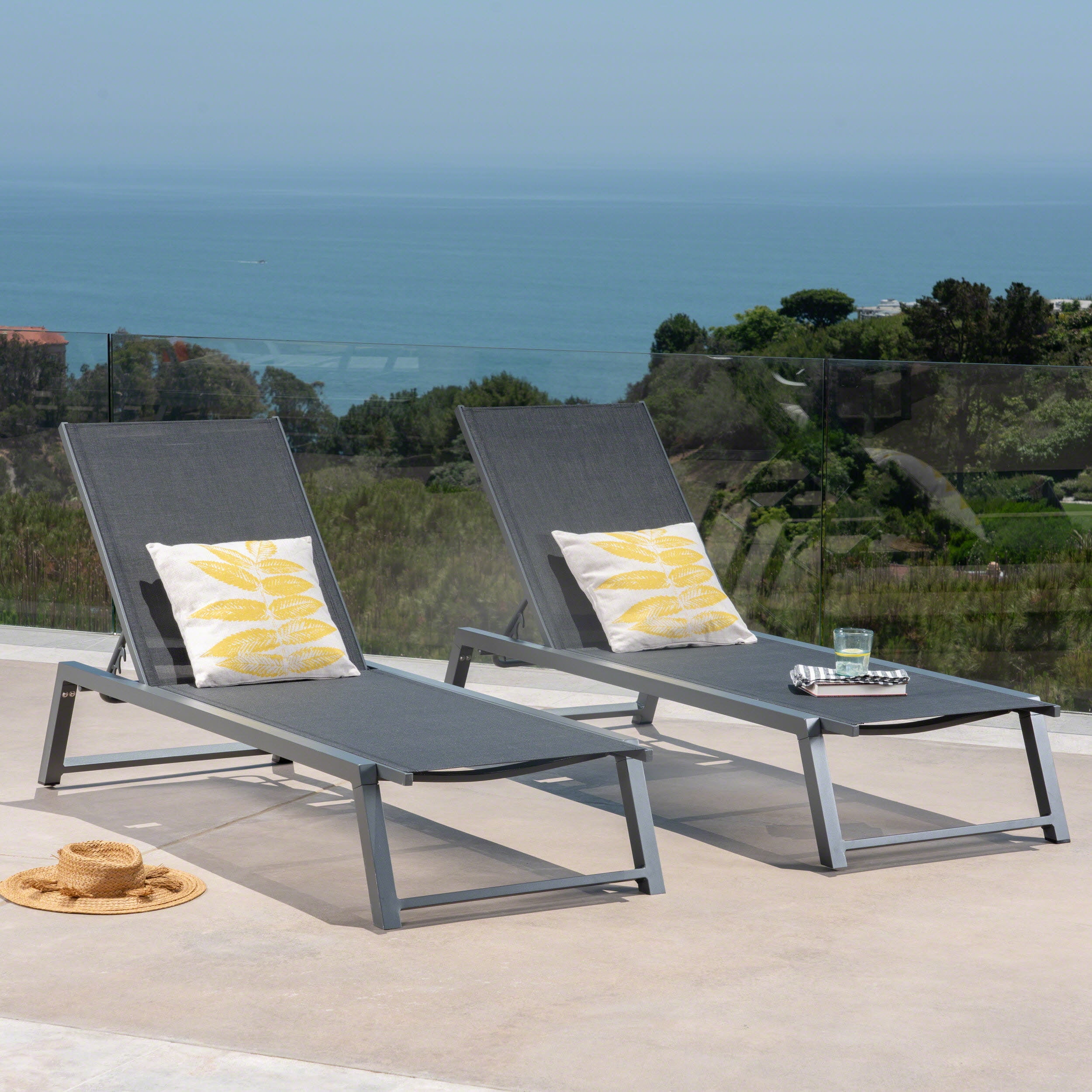 Outdoor Mesh Surface Chaise Lounge Set of 2, Poolside Rest Recliners for Patio Garden, Black