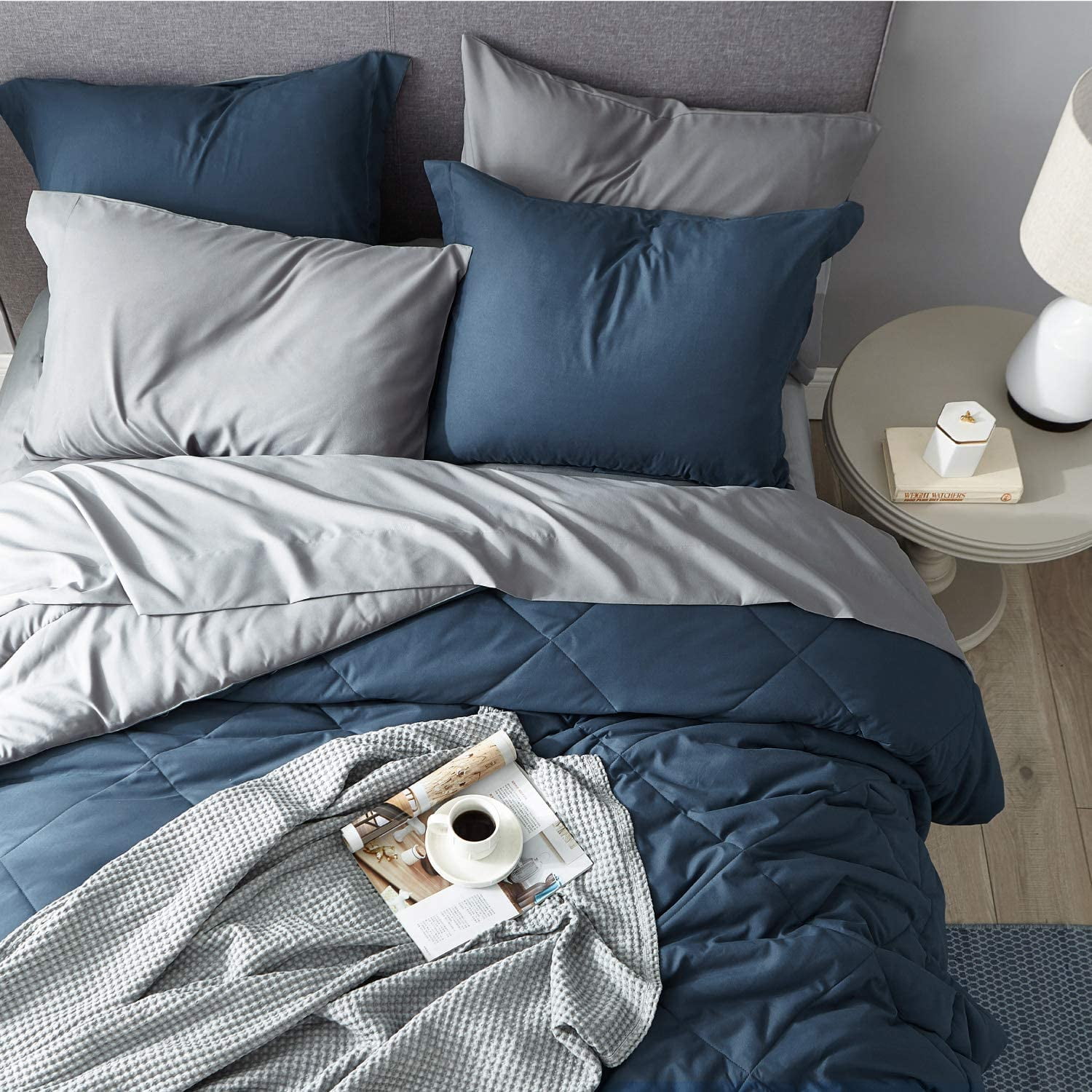 Cozy Comfort Navy Bedding Set Queen - 7 Pieces Reversible Bed Sets in a Bag with Comforters, Sheets, Pillowcases & Shams, Comforter