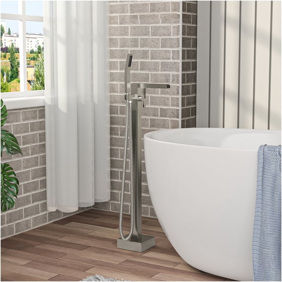 JERFIT Freestanding Bathtub Faucet with Hand Shower, 360° Rotatable Waterfall Spout, Brushed Nickel Floor Mount Tub Filler for Standard Bathroom