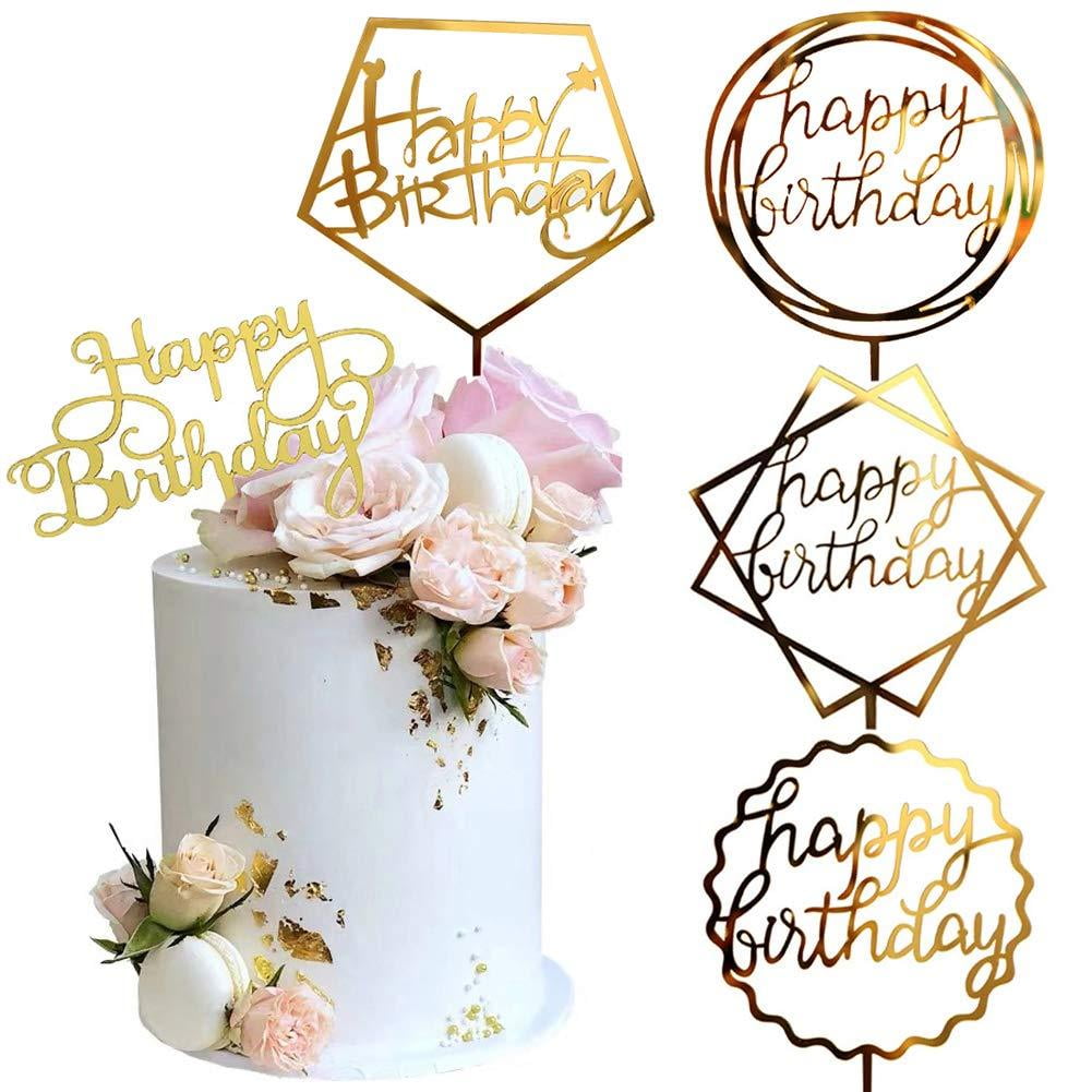 Gold Cake Topper, Acrylic Cake Topper Happy Birthday Cake Topper Cake Decoration Supplies (5 Pieces)