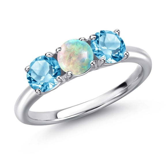 Gem Stone King 925 Sterling Silver Simulated White Opal and Swiss Blue Topaz Engagement Ring for Women | 1.80 Cttw | Round Cabochon 5MM | Gemstone October Birthstone | Size 7