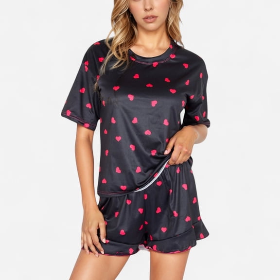 Women's Heart Print Satin Pajama Set with Short Sleeve Crew Neck Top and Ruffle Trim Lounge Shorts - Medium, Black