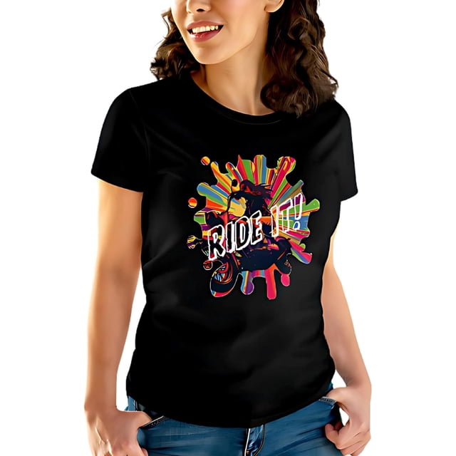 Playera de Motera - Ride It! - Diseño de Salpicadura Psicodélica, 100% Algodón