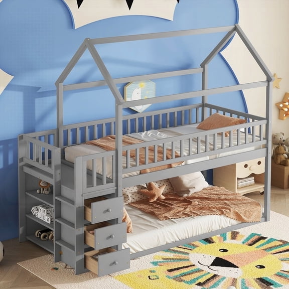 TWIN/TWIN HOUSE BUNK BED WITH SHELVES & DRAWERS, Grey - Storage & Space-Saving