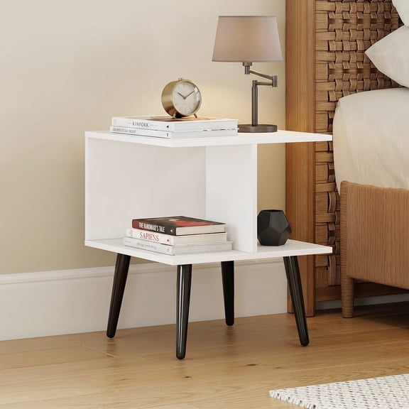 Costway 1 PCS End Table, 2-Tier Modern Bedside Table with 2 Compartments & Raised Metal Legs