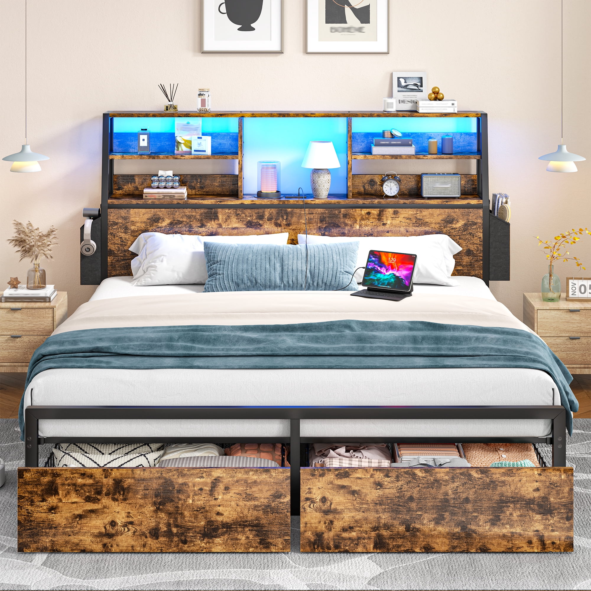 EnHomee Metal Bed Frame with 3-Tier Storage Headboard Queen Size Metal Bed Frame with 2 Underbed Drawers & 2 Bedside Fabric Drawers & LED Lights & Charge Station,Rustic Brown