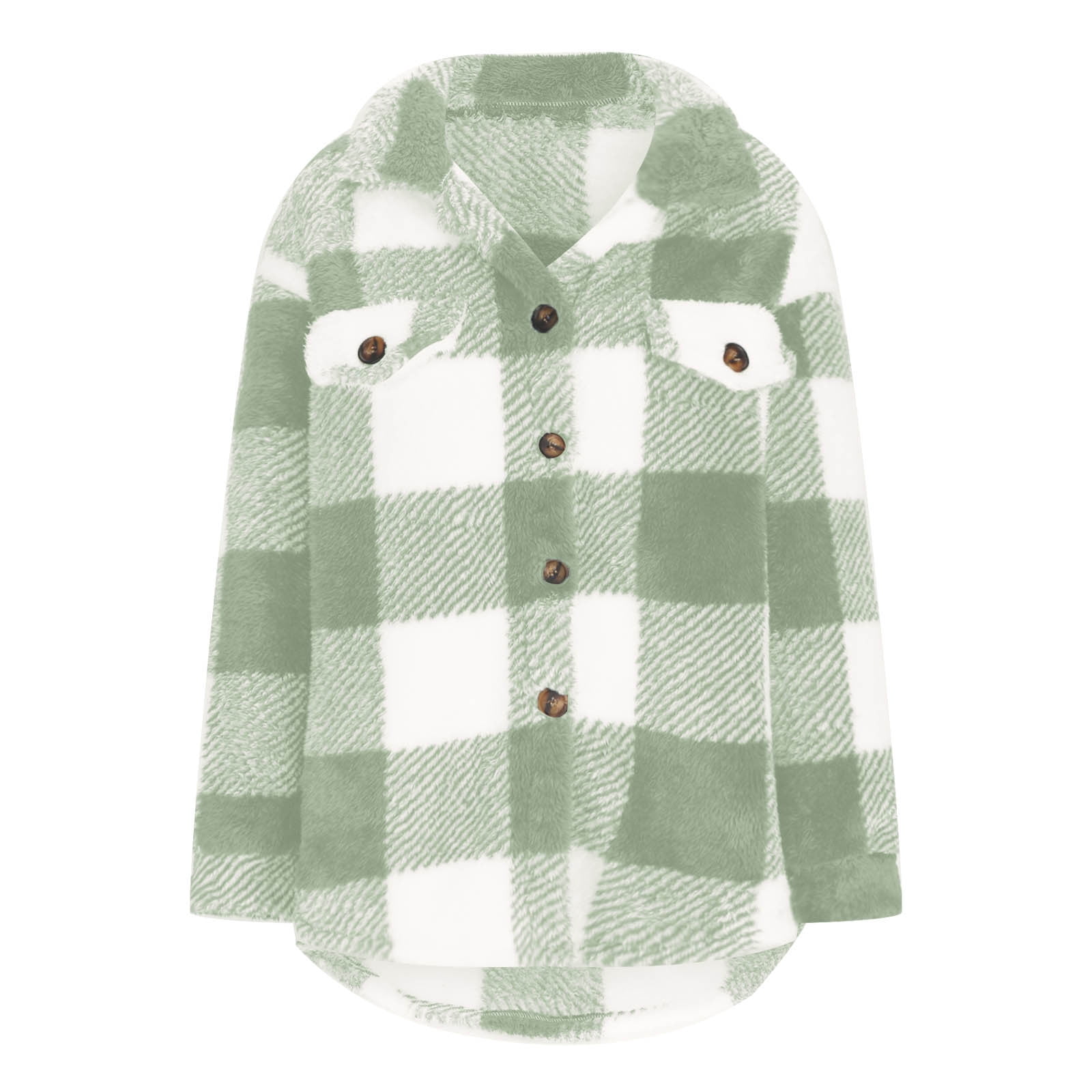 Womens Plus Size Fleece Coats S-5X Casual Button-Down Collared Shackets Jackets Ladies Trendy Long Sleeve Plaid Printed Warm Outerwear Coat