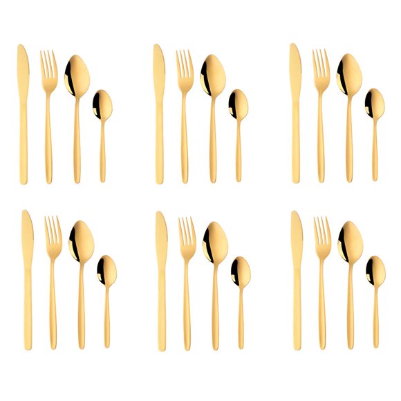 Ensemble de Couverts Dorés, BuyGo Ensemble de Couverts de Camping en Acier Inoxydable 24 Pcs pour 6, Poli à la Main, Lavable au Lave-Vaisselle