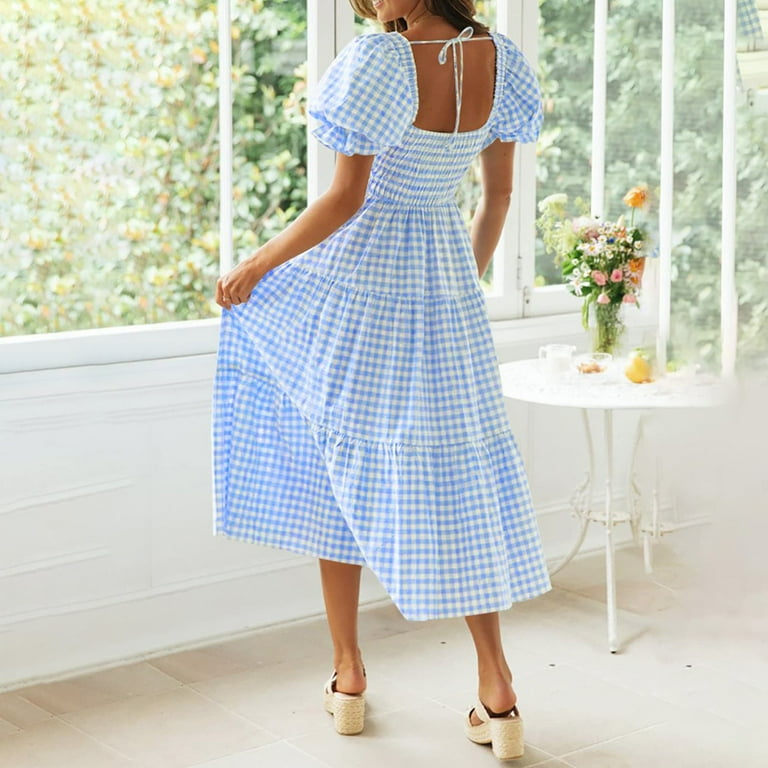 Women's Dress V Neck Plaid Printed Puffy Sleeve Ruffle Trim Ladies Spring Summer Ouwear Travel Cute Soft Womens Dresses Gifts to Mother