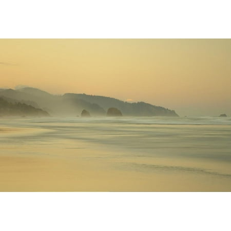 View of beach and distant sea stacks at dusk, Cannon Beach, Oregon, USA Print Wall Art By Bill