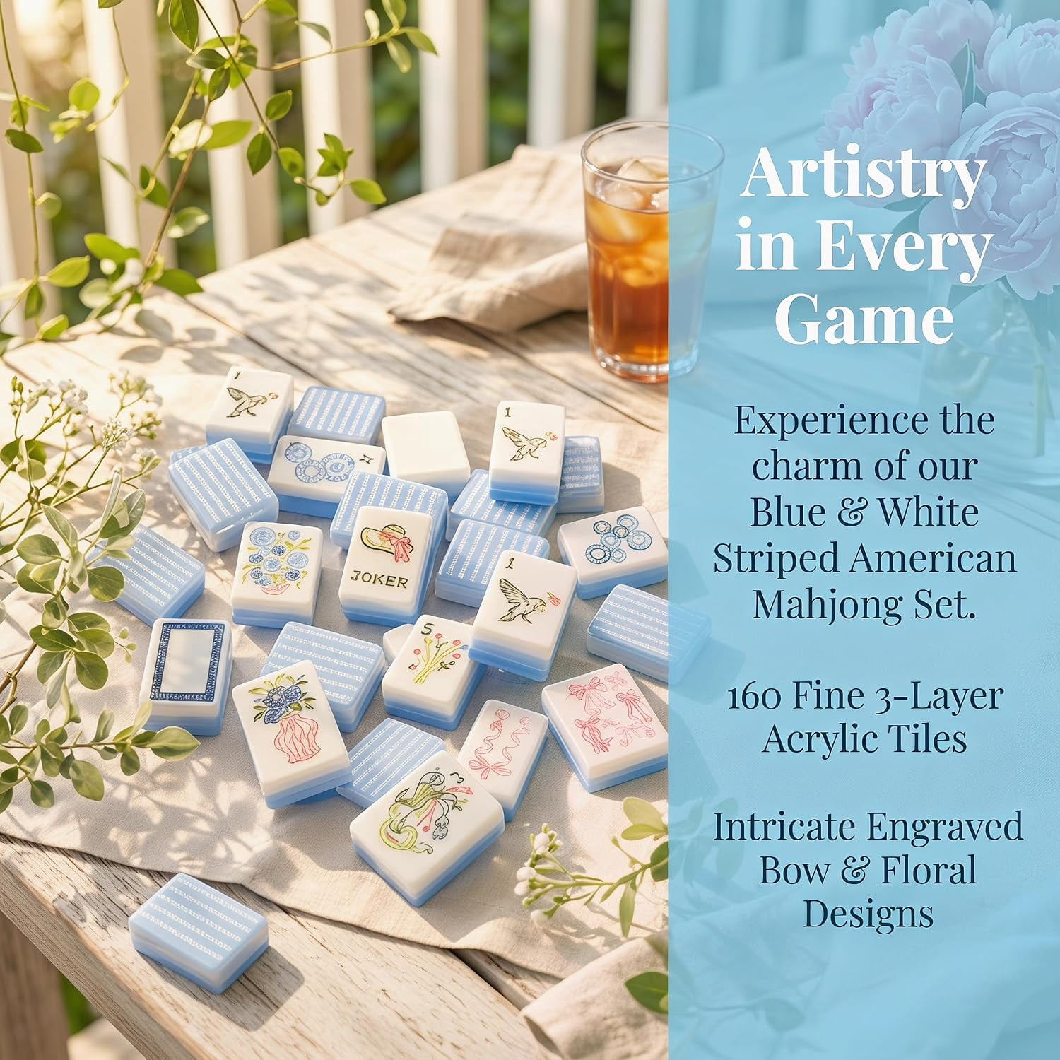Blue & White Floral American Mahjong Set, 160 Acrylic Tiles, Travel Game Set with Bag