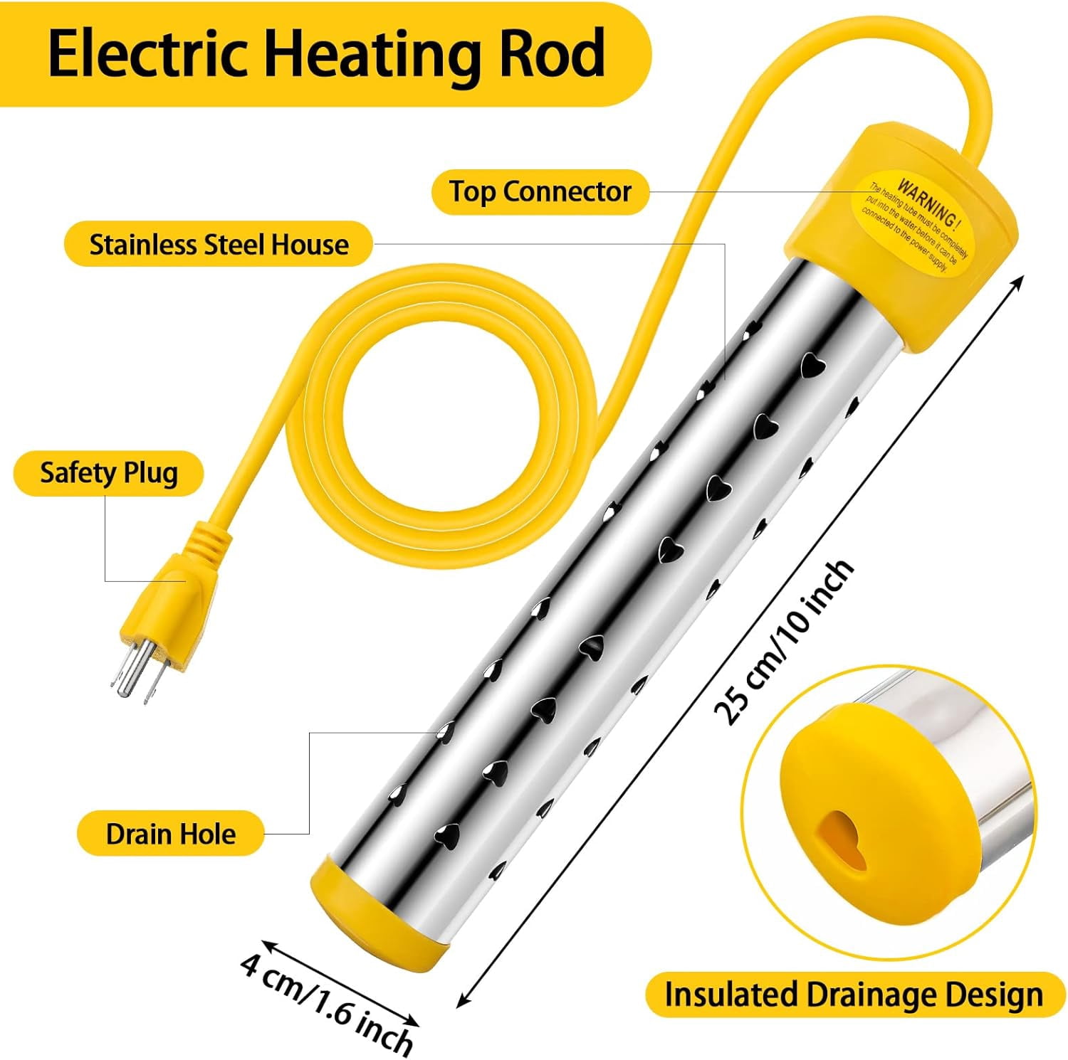 2 Pcs Immersion Water Heater with Stainless Steel Cover,1500W Portable Bucket Heater Heat 5 Gallons of Water in Minutes,Yellow