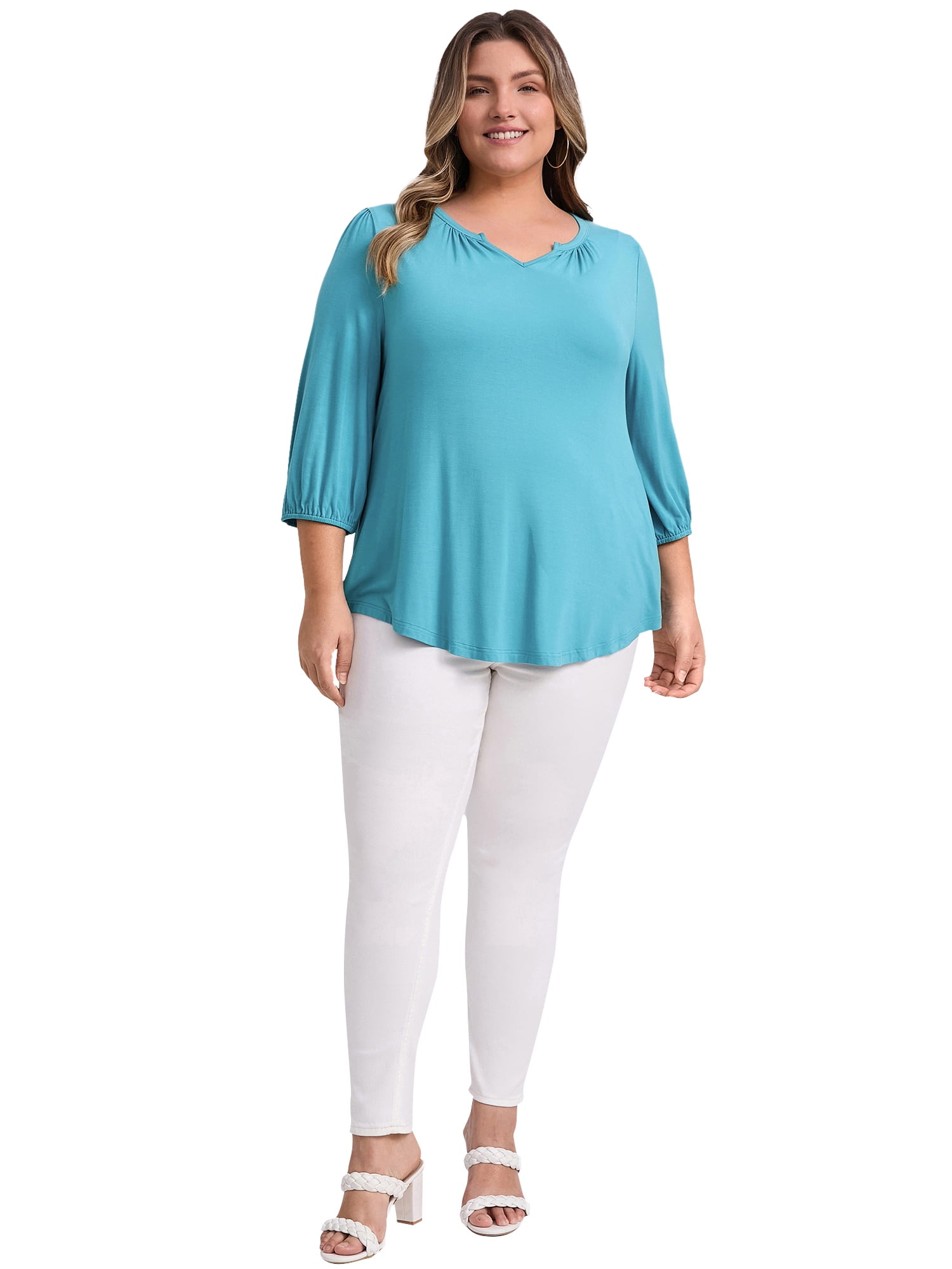 DARING DIVA Women's Plus Smocked 3/4 Sleeve Notch V Neck Blouse 2X Lake Blue
