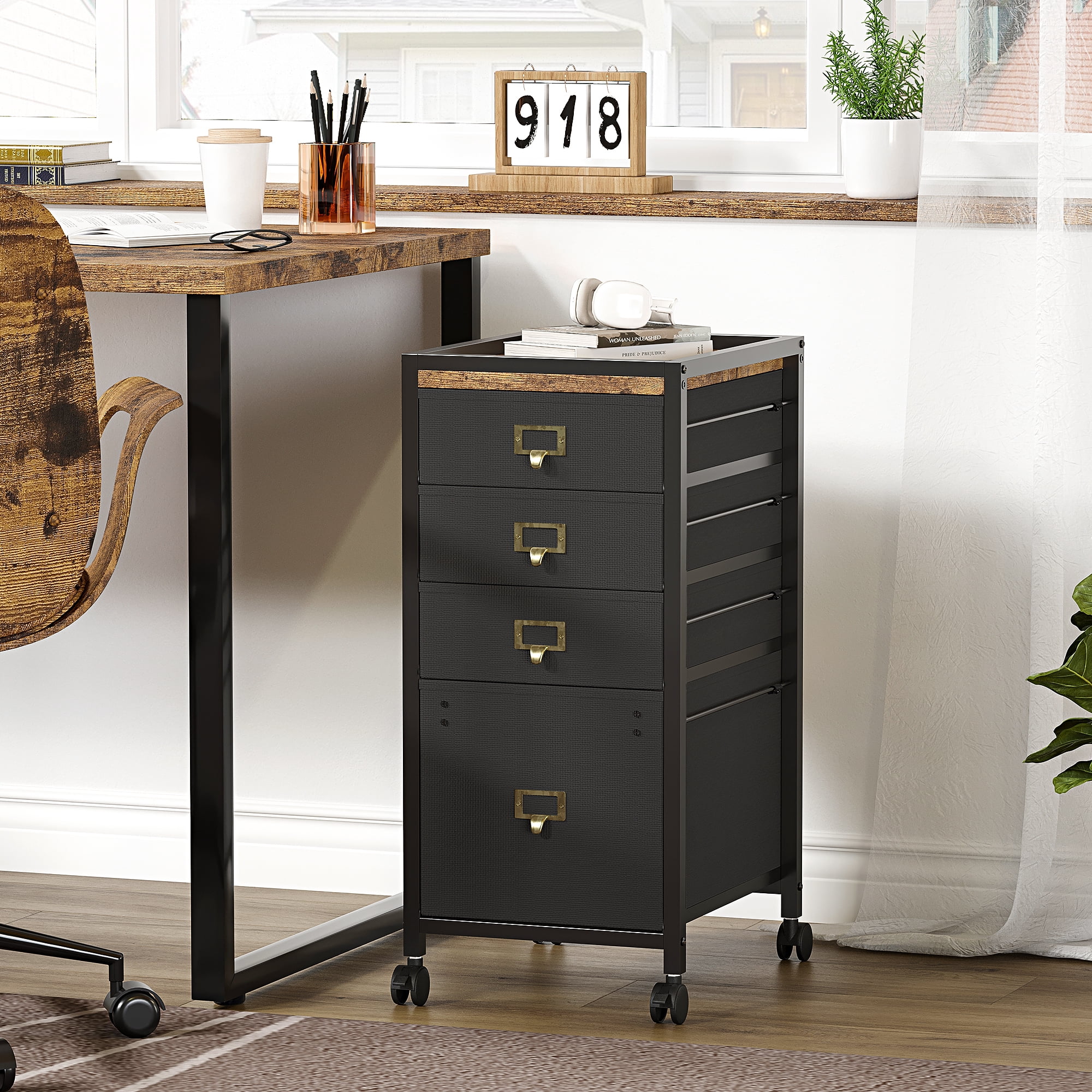 Yesfashion 4 Drawers Mobile Rolling Printer Stand File Cabinet for Home Office, Black
