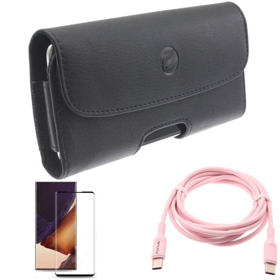 Case Belt Clip & Pink 6ft Long Cable & Screen Protector for Samsung Galaxy Note 20 Ultra (6.9") - Combo with Leather Holster & USB-C to Type-C PD Fast Charger & Tempered Glass (Fingerprint Unlock)