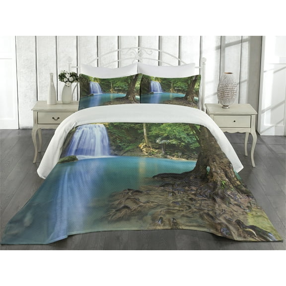 Ambesonne Aqua Quilted Coverlet 3 Pcs, Asia Thailand Jungle Trees, King Size, Turquoise Green Brown