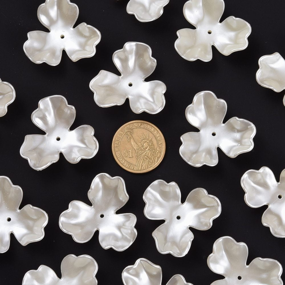 3-Petal Flower Plastic Imitation Pearl Bead Caps Creamy White Hole: 2mm Plastic 35x38x12mm