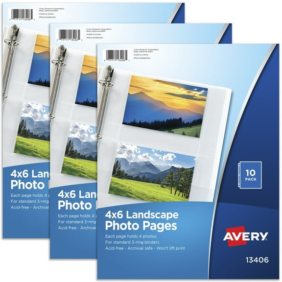 Avery Clear Photo Album Pages for 3 Ring Binders, 10 Sleeves Holds 40 Total Horizontal 4" x 6" Photos, 3 Packs, 30 Sleeves Total (13406)