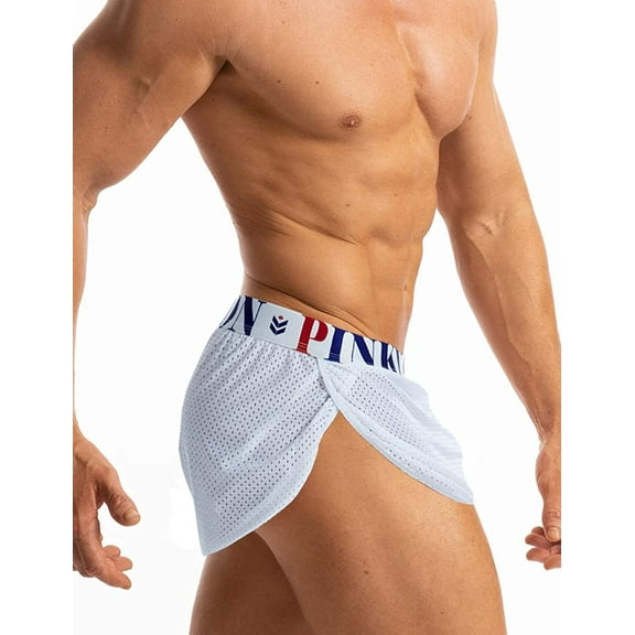 HYwys Men's Slit Side Bodybuilding Workout Breathable Mesh Shorts White