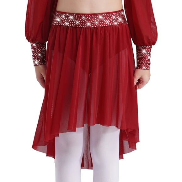 Kaerm Kids Girls Sparkly Rhinestone Lyrical Modern Ballet Dance Skirts Figure Ice Skating Skirts Competition Dancewear Burgundy 6