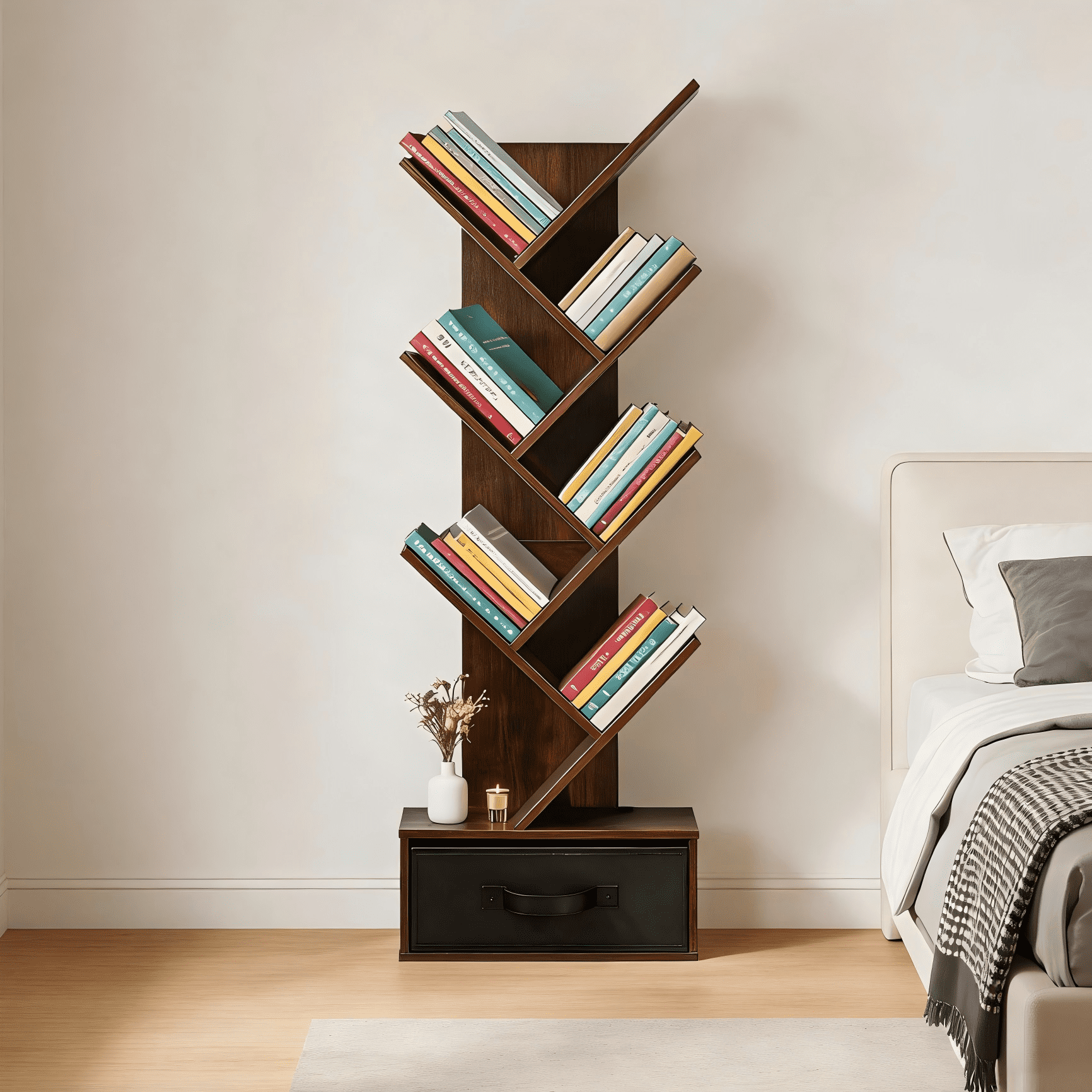 7 Tier Tree Bookshelf, Sturdy Bookcase with Storage Drawer Cabinet, Book Organizer Shelves for Home Office