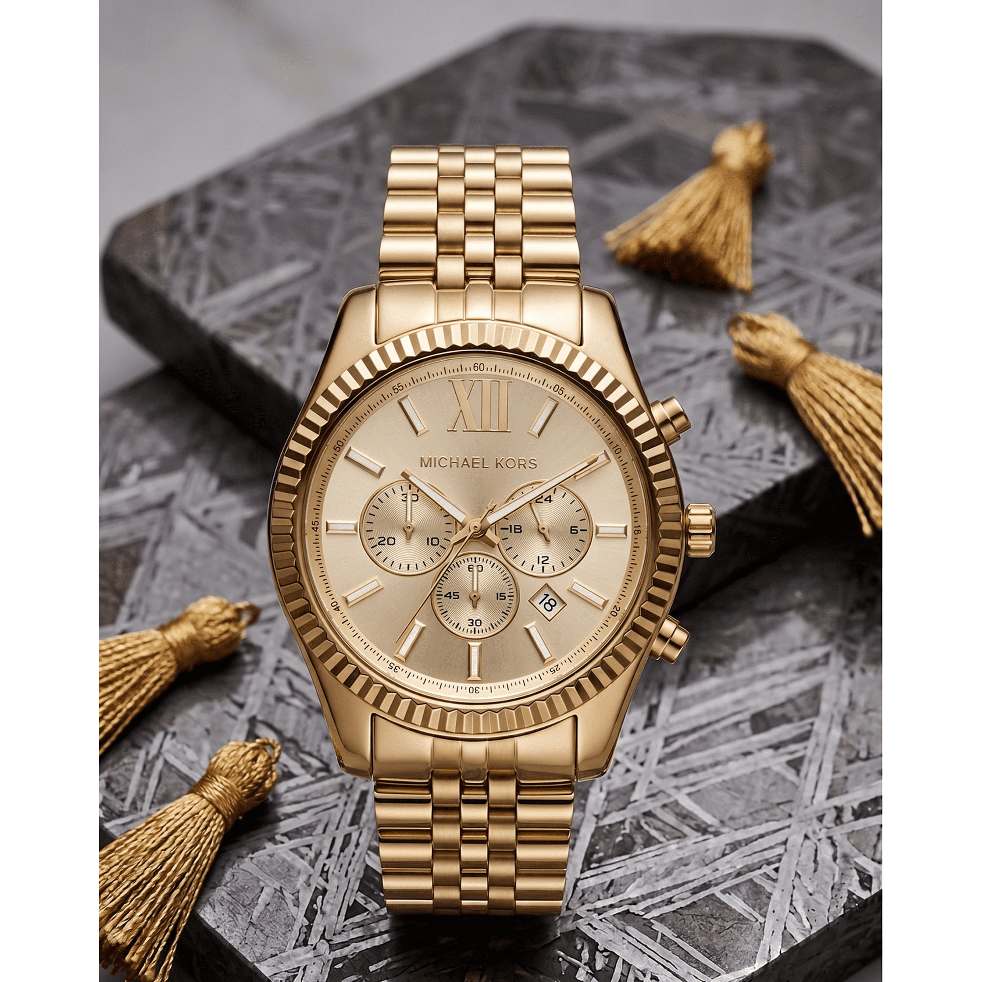 Michael Kors Men's Lexington Gold-Tone Chronograph Metal Watch, MK8281