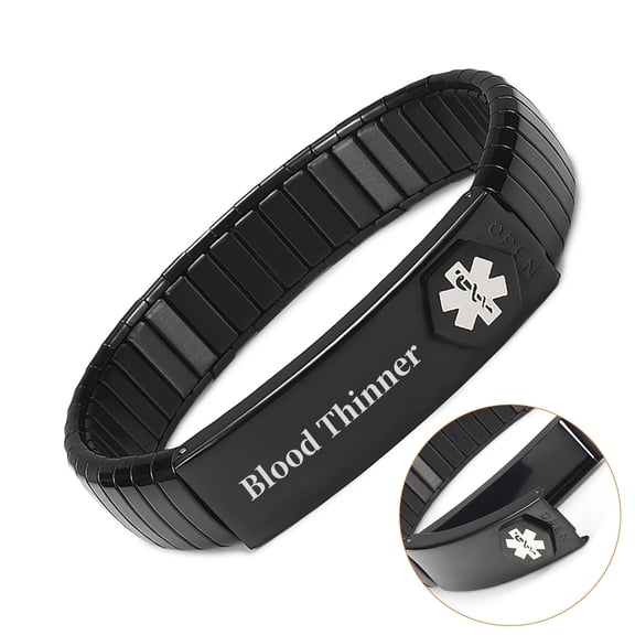 Wollet 7.5'' Stretch Black Medical Alert Bracelet for Women or Men, Easy on Easy off, Stainless Steel ID Bangle Personalized, Width:0.5'' ,Blood Thinner