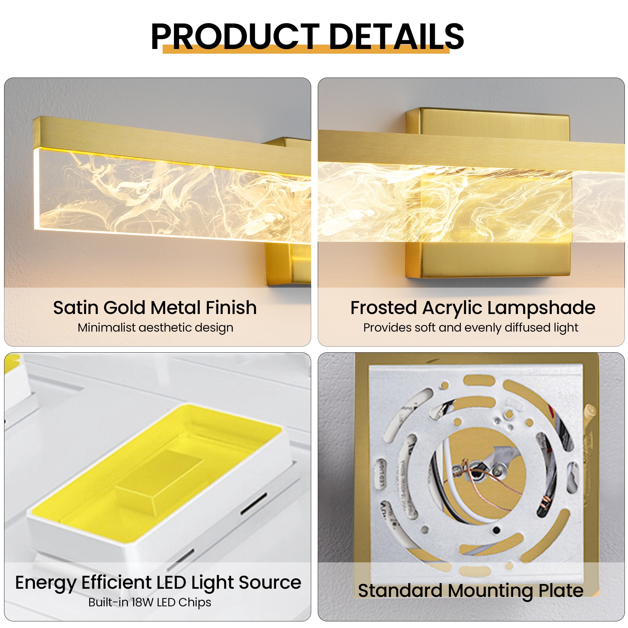 Gold Bathroom Light Fixtures 24 inch Dimmable Metal Wall Sconce Fixtures Over Mirror LED Vanity Light Bar for Restroom Mirror 3000K Warm White Light
