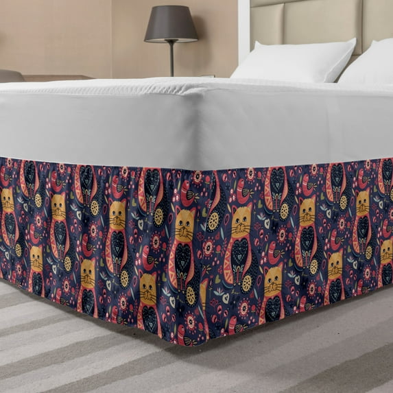 Flower Bed Skirt, Ornamental Doodle Cat in Funky Tribal Floral Bouquet Heart Tulip Cartoon, Elastic Bedskirt Dust Ruffle Wrap Around for Bedding Decor, 4 Sizes, Dark Indigo Multicolor, by Ambesonne
