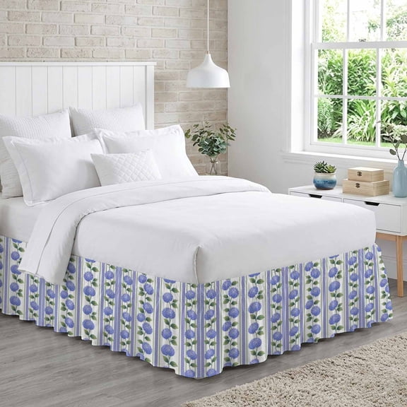 Blue Hydrangea Flower Bed Skirt Queen Size 16 Inch Drop, Stripes Farmhouse Floral Adjustable Elastic Dust Ruffles Bedskirt for Queen Bed Wrap Around Pleated Mattress Frame Cover