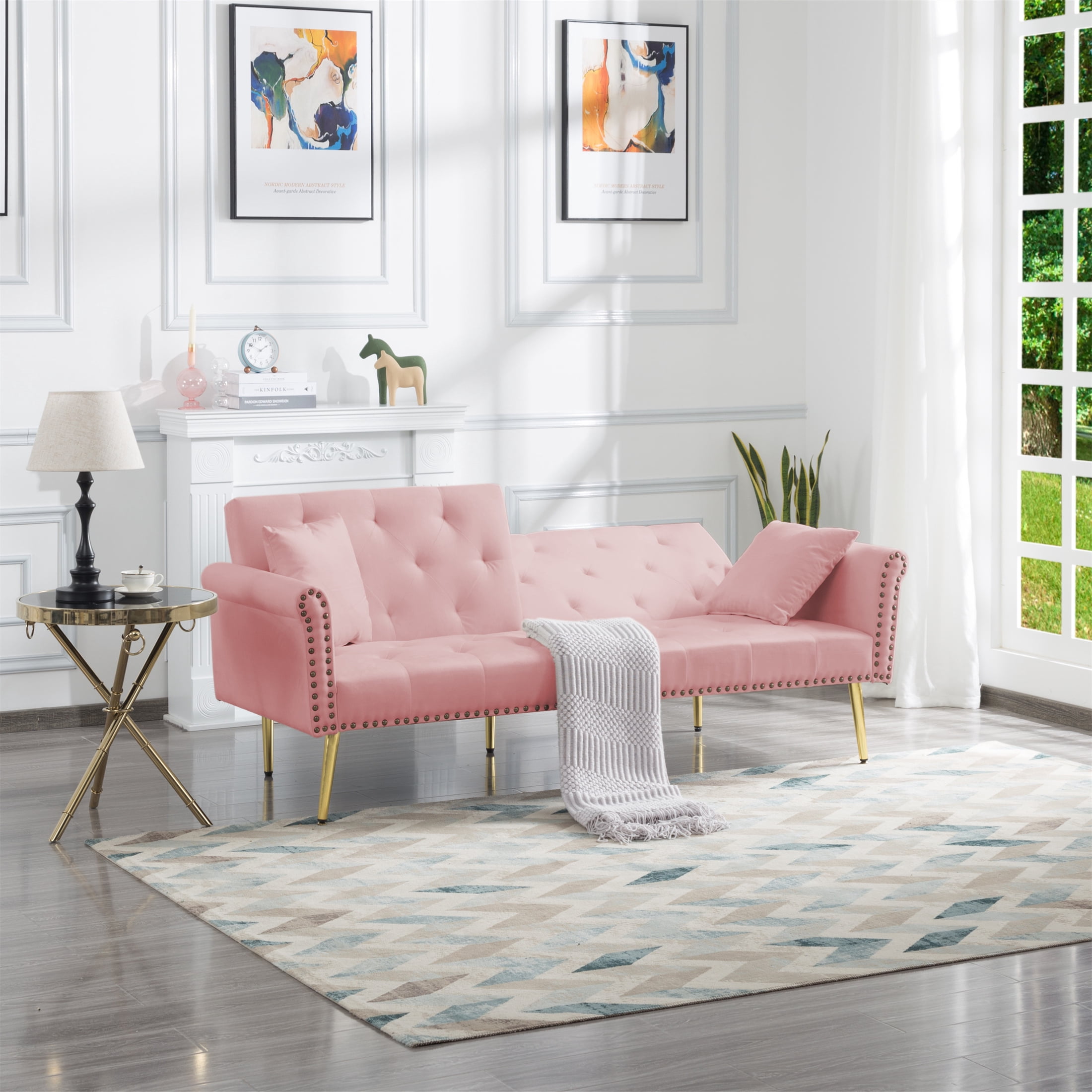 Aukfa Velvet Futon Convertible Sofa for Home Office, Nailhead Decor, 2 Pillows, Pink