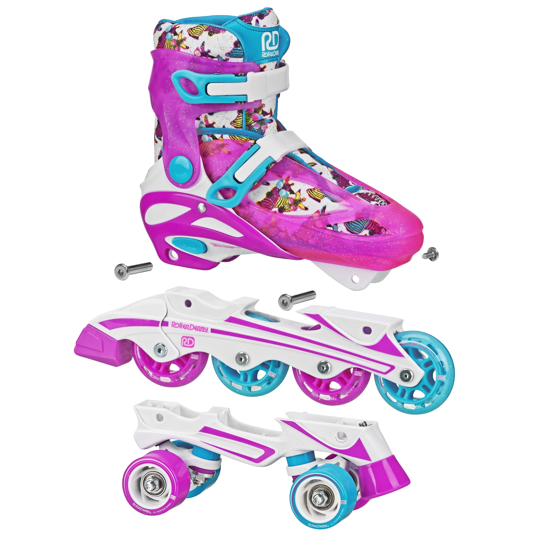Patins à Roulettes 2-en-1 Roller Derby Pour Fille, Réglables, Design Licorne Arc-en-ciel, Taille 3 à 6 Ans
