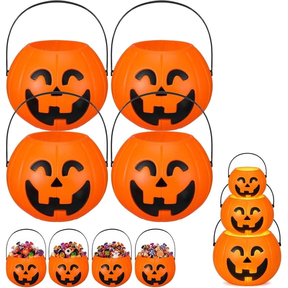 Halloween Pumpkin Bucket, Portable Candy Basket with Handle, Portable Candy Basket for Halloween Trick or Treat Party Supplies (4pcs,2.8in)