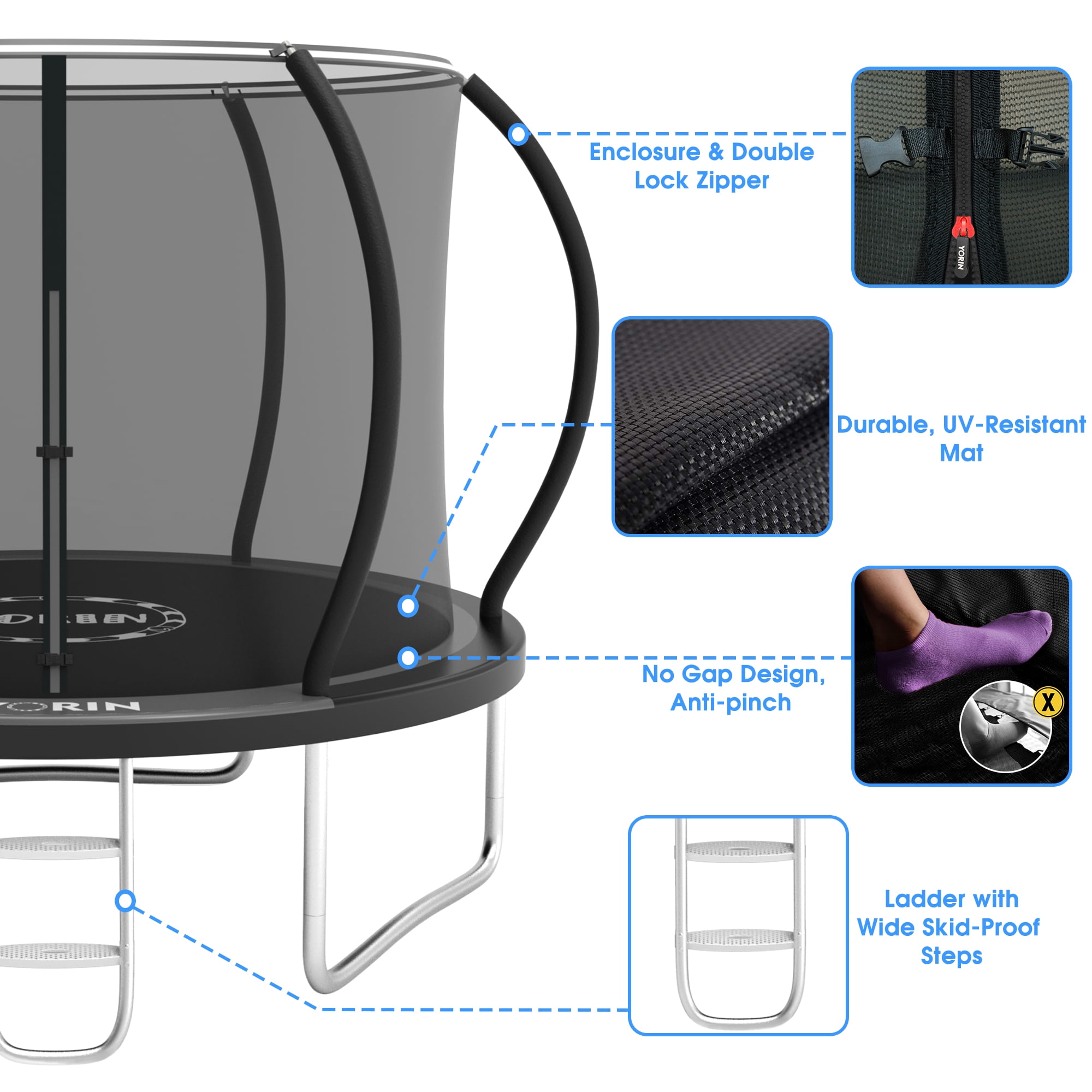 YORIN Trampoline for 3-4 Kids, 10FT 16FT 12FT 14FT Trampoline for Adults with Enclosure Net, Ladder, Light, 1000LBS Weight Capacity Outdoor Round Recreational Trampoline, Heavy Duty Trampoline