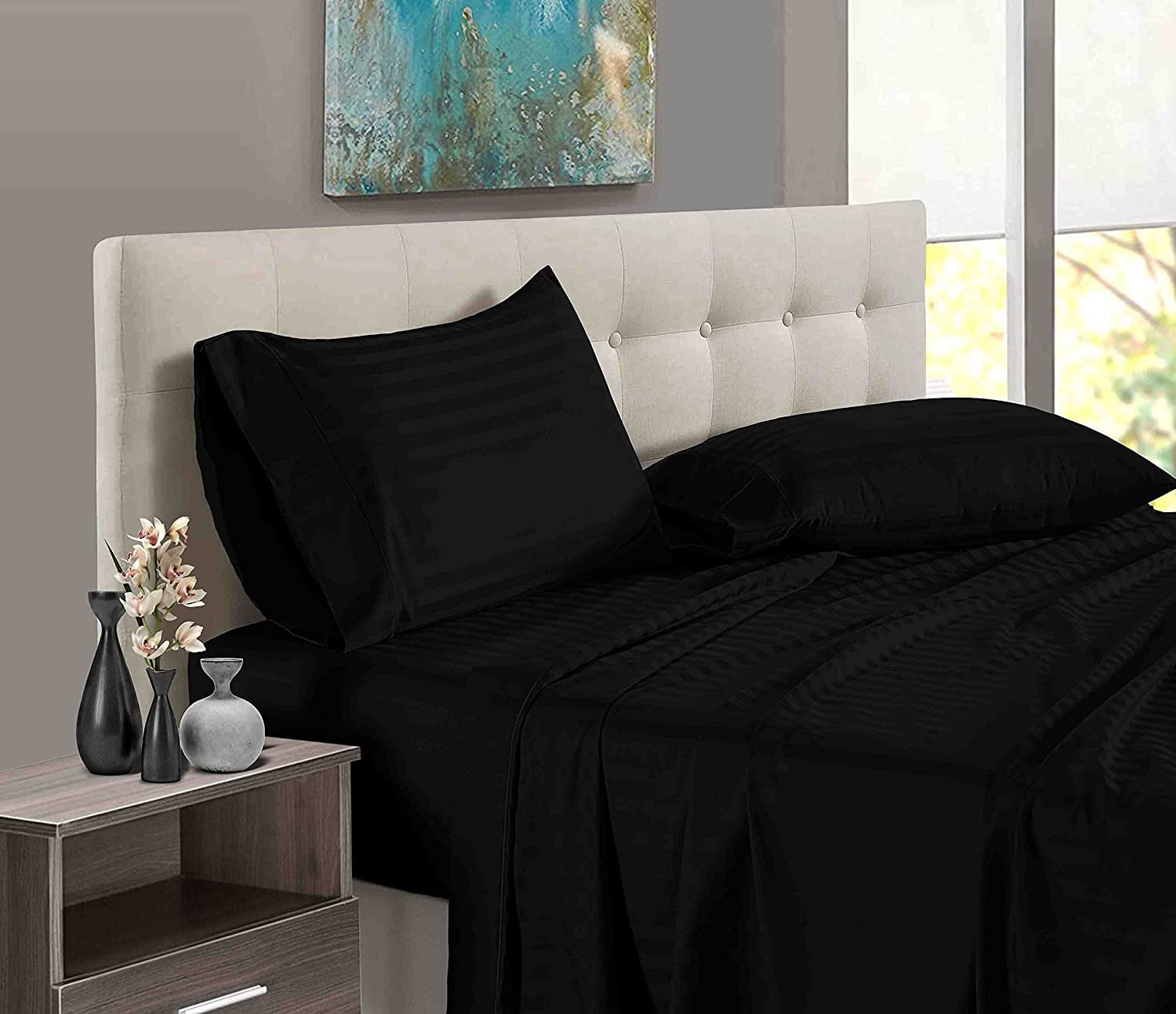 7 Piece Bamboo Bed Sheet for Bed - 100% Pure Bamboo - Fit 22" Inch Deep Pocket Silk Feel and Comfortable, Cooling, Anti-Static, Easy Care, Soft and Luxury - Black Stripe, King Size.