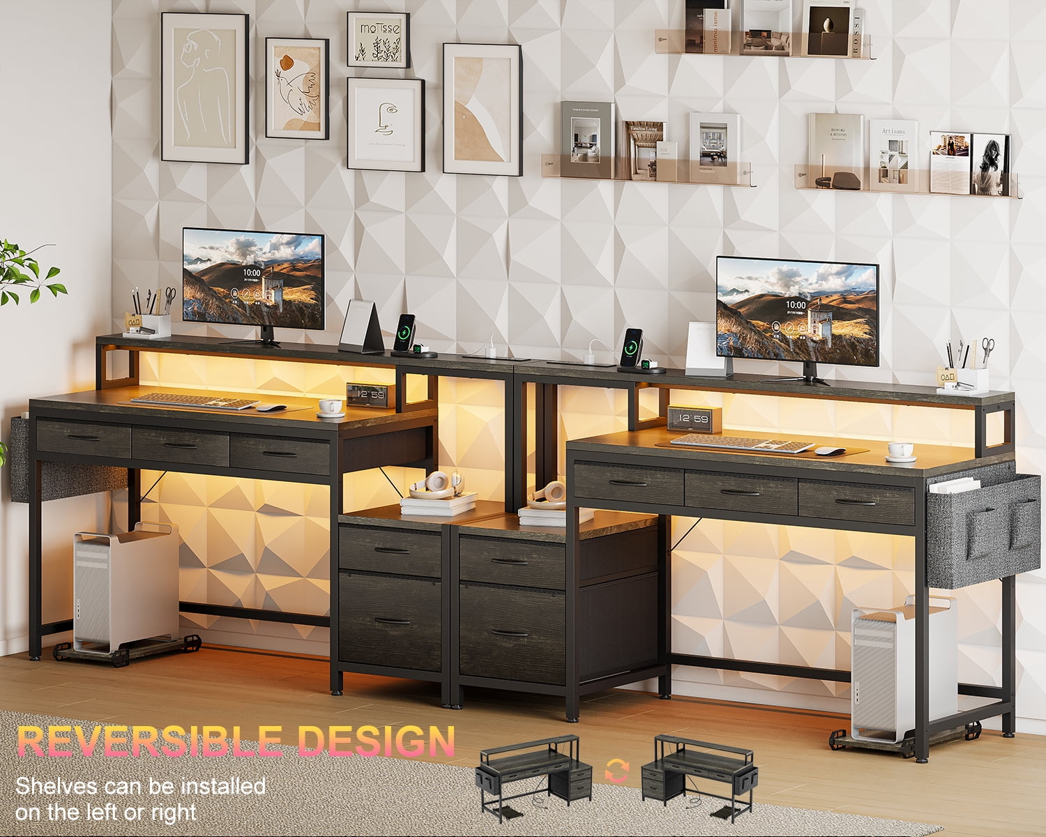 GUNAITO 60 inch Gaming Desk with 5 Fabric Drawers & Storage Shelves, Computer Desk with LED Lights & Charging Station,Gray