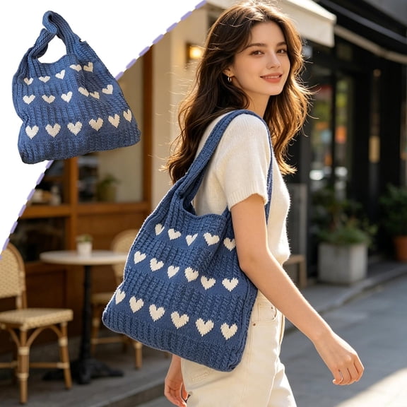 Knitted Tote Bag, Woven Shoulder Bag with Heart Pattern, Large Capacity Lightweight Carryall for Everyday Use, Casual Handbag for Work Shopping Travel