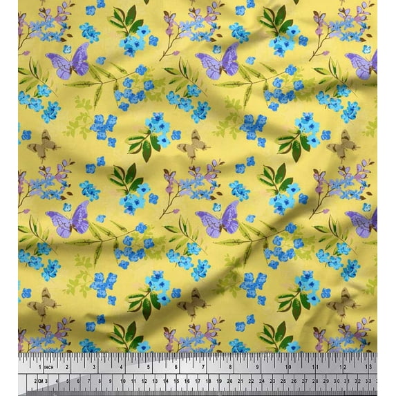 Soimoi Cotton Duck Fabric Leaves,Butterfly & Lilac Floral Print Sewing Fabric Yard 42 Inch Wide