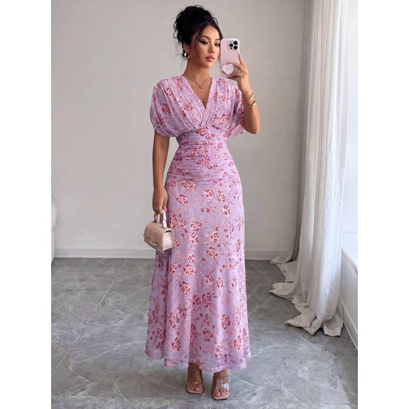 Mauve Purple Womens V-Neck Off-Shoulder Puff Sleeve Ruched Waist A-Line Floral Maxi Dress