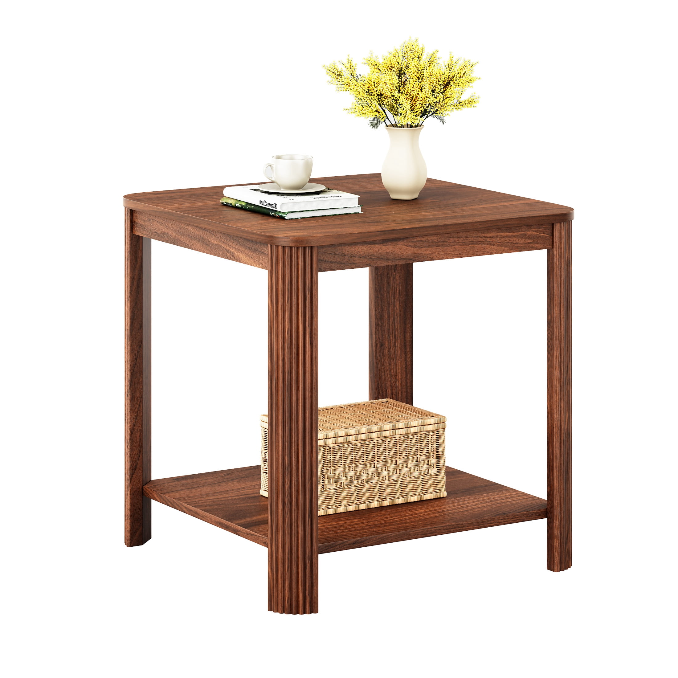 Noble House 22.1-Inch Boho End Table with 2-Tier Open Shelf, Rounded Corners, Vertical Wave Grain Legs, Walnut
