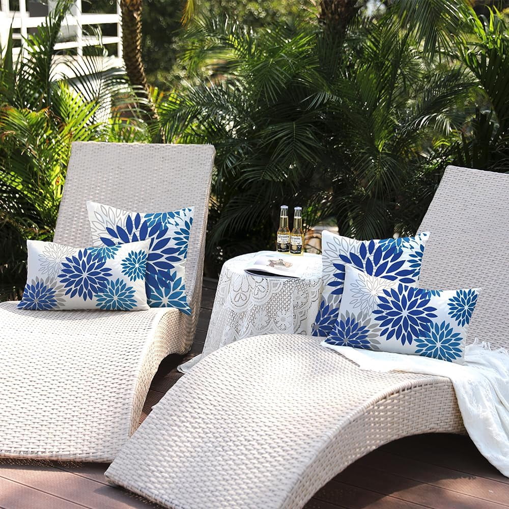 Blue Flower Pillow Covers 12x20 Inch Set of 2 Dark and Light Blue Colored Pillow Outdoor Waterproof Decor for Patio Funiture Garden Summer Floral Square Polyester pillowcovers 002E12