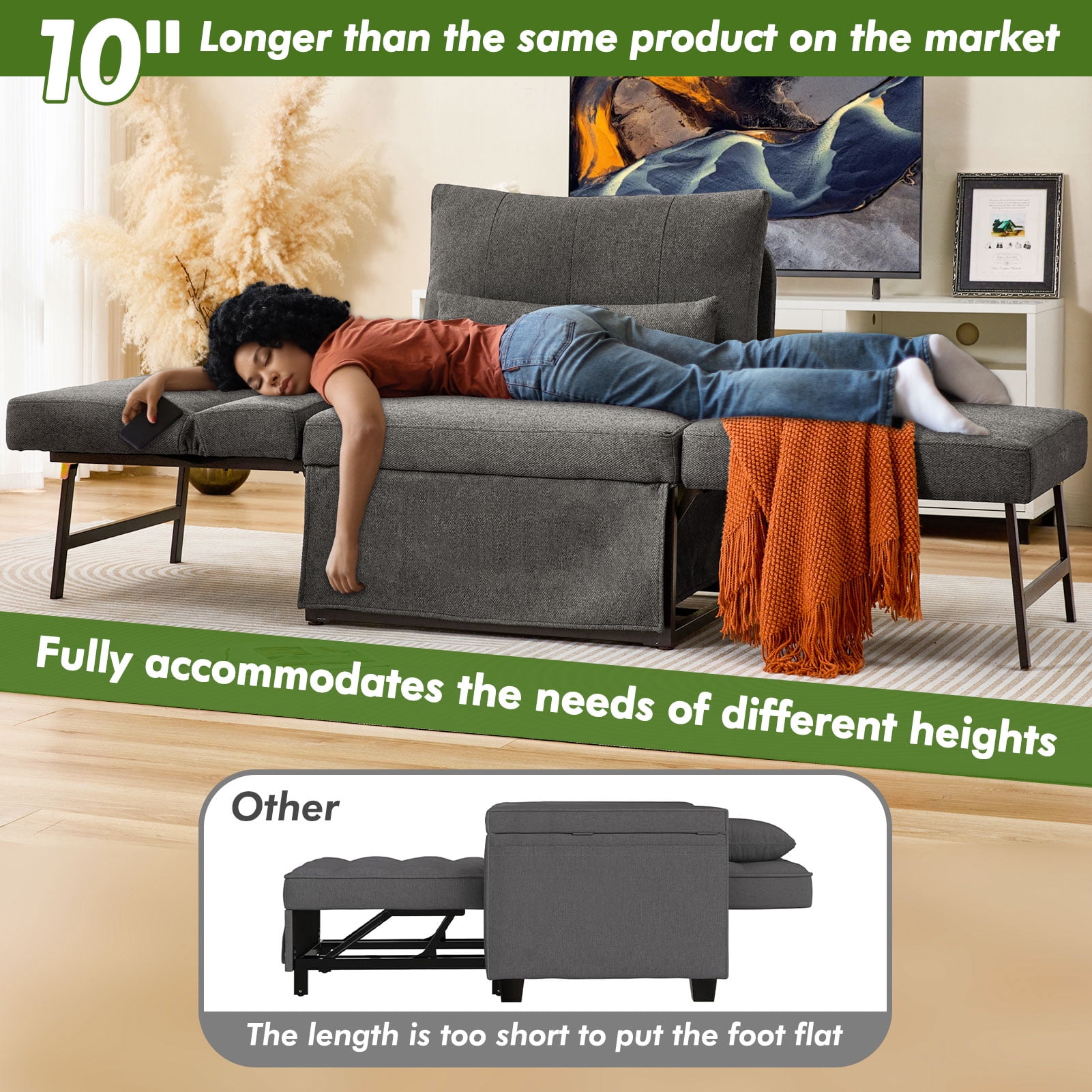 zzw 5-in-1 Convertible Sleeper Sofa Chair, Adjustable Linen Folding Ottoman Bed, Assembly-Free for Apartment Living Room