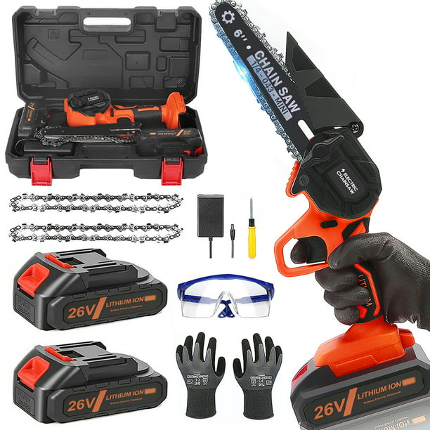WELHOME 6″ Mini Chainsaw with 2 Batteries 2 Chains, 6″ Cordless Handheld Chain Saw Wood Cutter