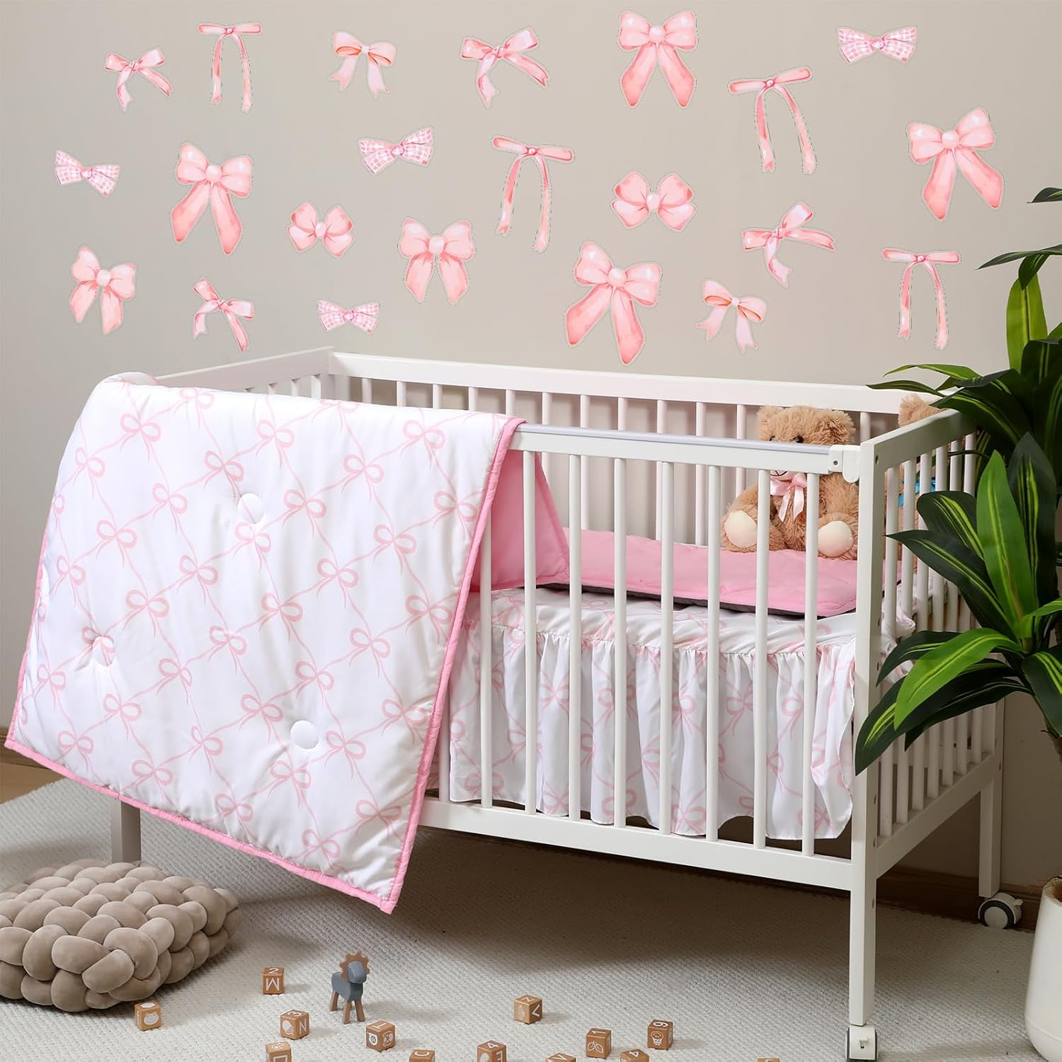 5 Pcs Pink Bow Crib Bedding Set Include Print Crib Sheets Bed Skirt Comforter Pad Cover Wall Stickers for Girls Princess Nursery Room Decoration