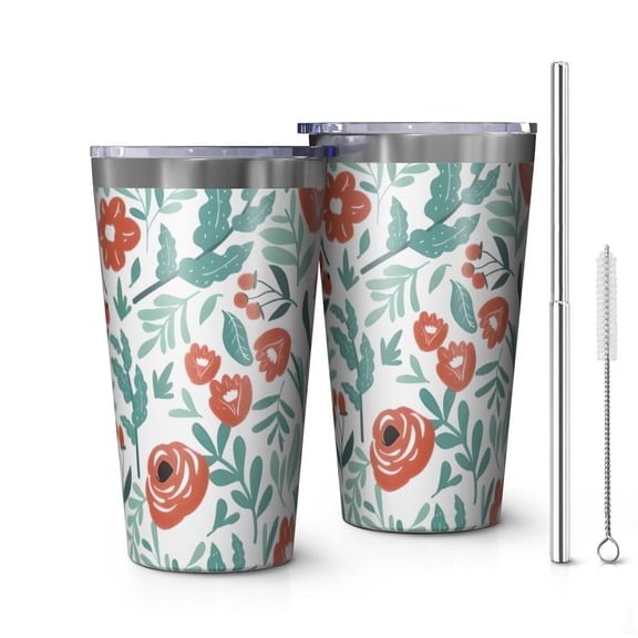 16oz Tumblers Pioneer Flower Floral Print Pattern Stainless Steel Vacuum Insulated Double Wall Travel Tumbler Cups Mug with Lid and Straw,Cleaning Brush for Coffee,Tea