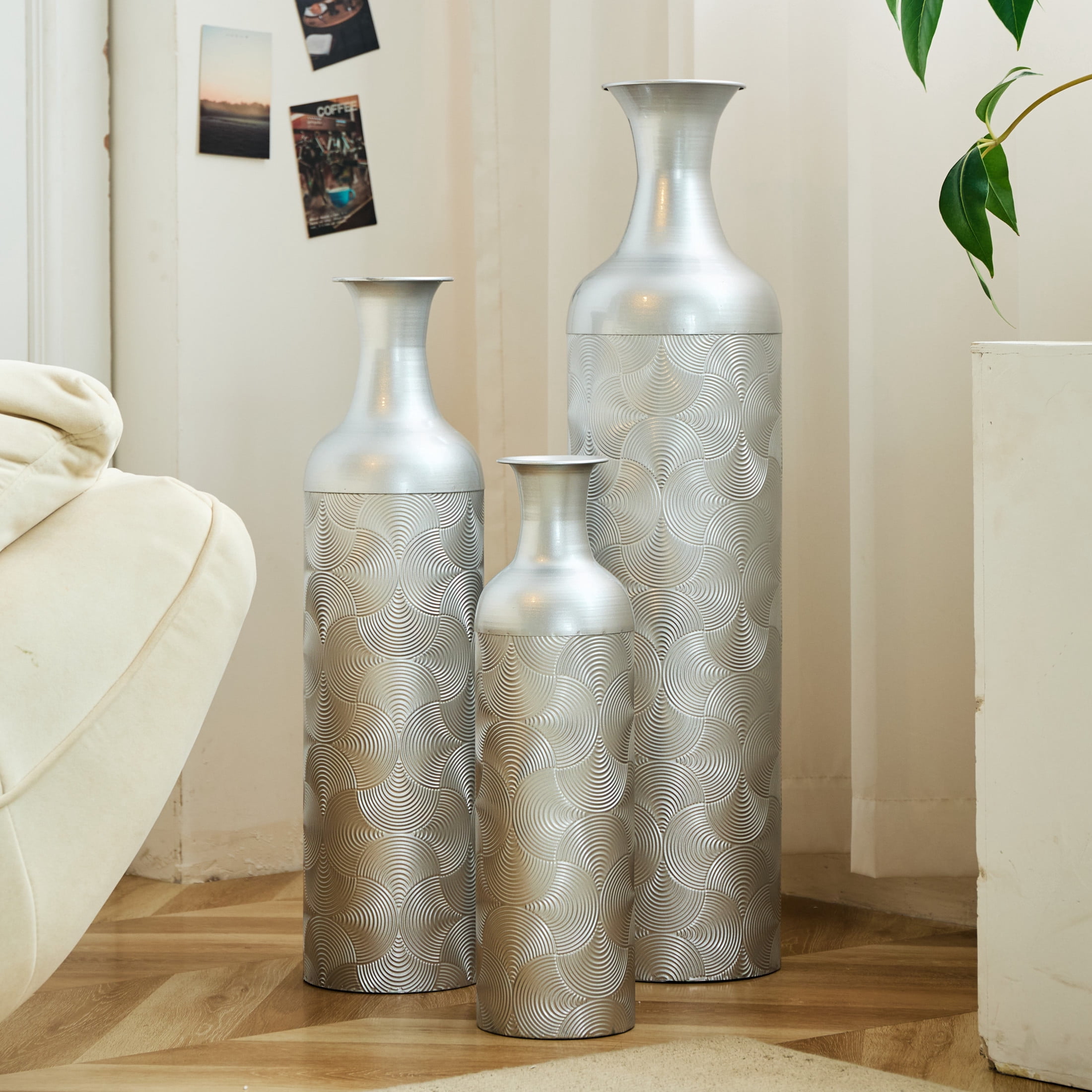 Noble House 3-Piece Metal Floor Vase Set, 32.68", 25.98", 19.69" Decorative Vases with Wave Pattern, Silver