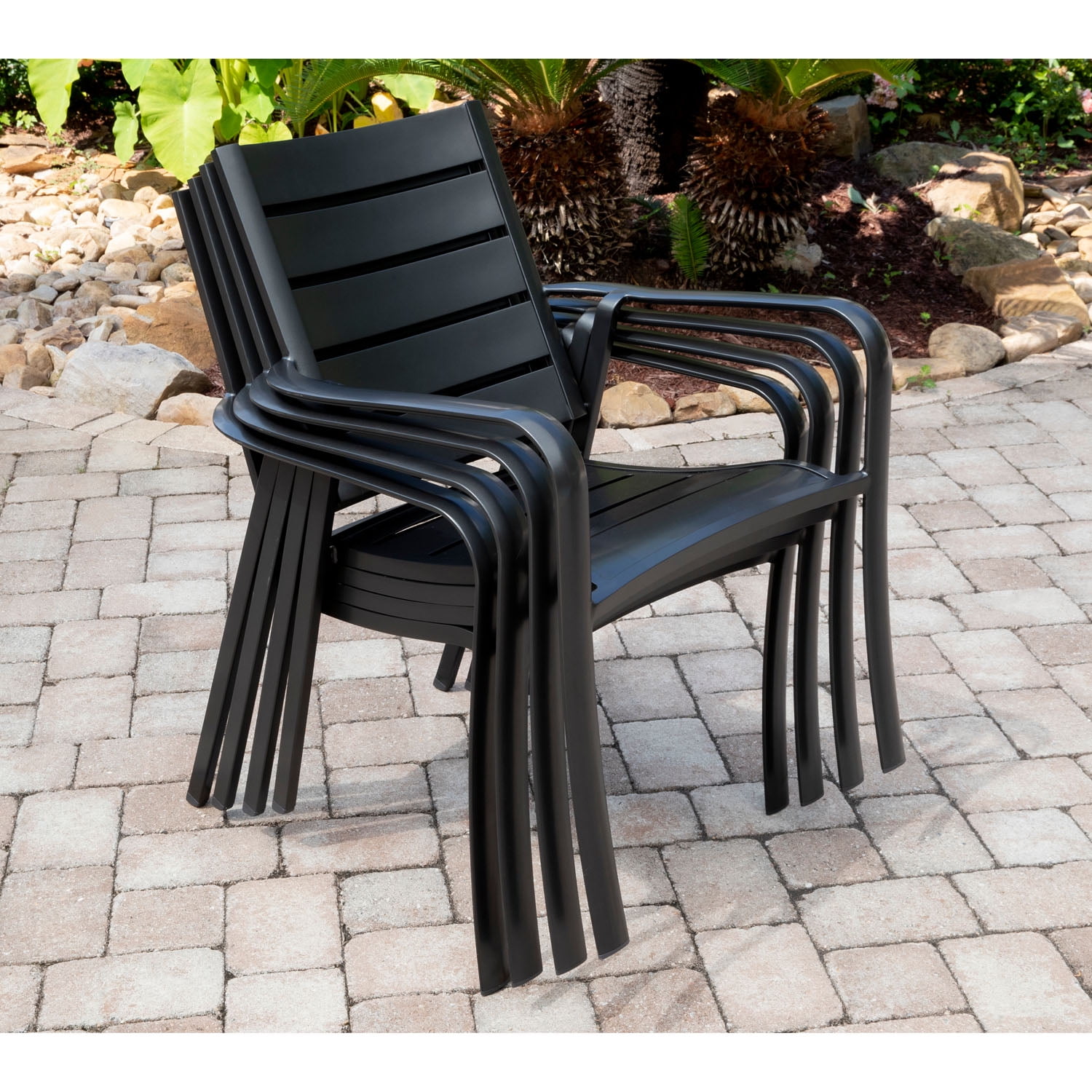 Hanover Cortino 5-Piece Commercial-Grade Patio Dining Set with 4 Aluminum Slat-Back Dining Chairs and a 38" Slat-Top Table